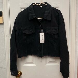 Gacaky  Ripped Distressed Cropped Denim Jean Jacket Coat With Frayed Hem size M